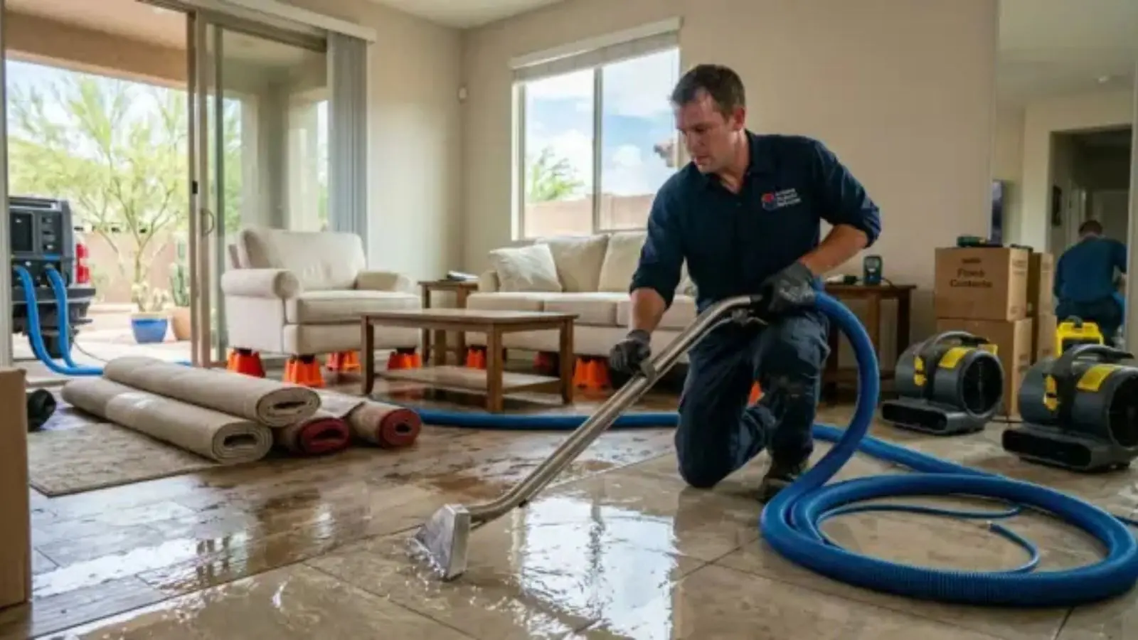 Technician kneeling with an extraction wand and blue hose beside air movers and rolled-up rugs in a living room