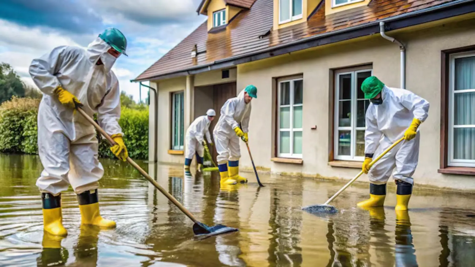 Crew in white protective suits and boots cleaning contaminated floodwater beside a house